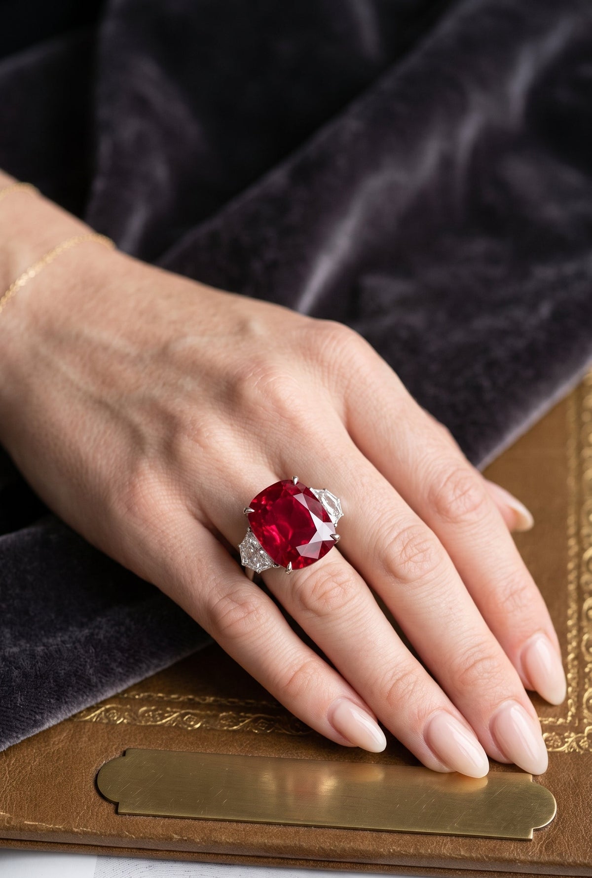 Red ruby crystal under examination