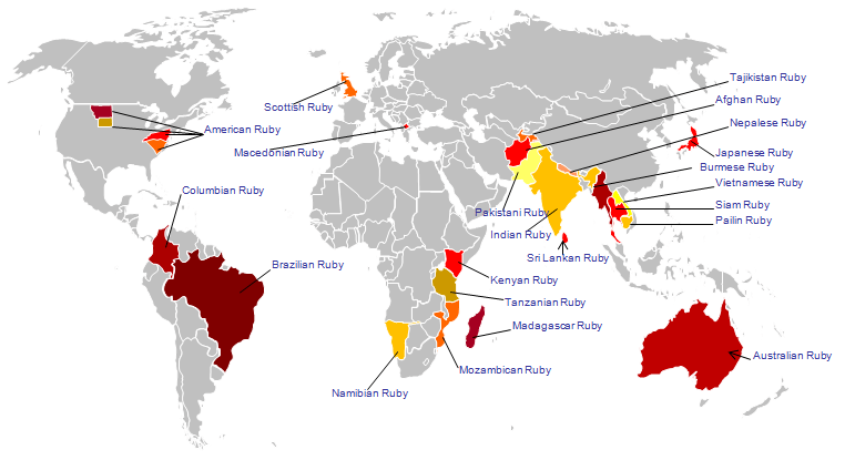 World map of principal coloured gemstone deposits, including the ruby sources Burma (Mogok) and Mozambique (Montepuez)