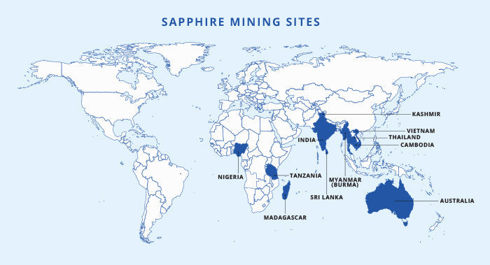 World map of principal coloured gemstone deposits, including the sapphire sources Kashmir, Burma, Sri Lanka and Madagascar